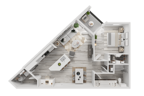 A 3D floor plan of a house with a kitchen, living room, and bathroom.